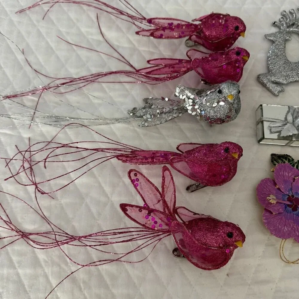 Christmas Ornaments Birds, Mirrored Gift boxes, Reindeer, Orchid